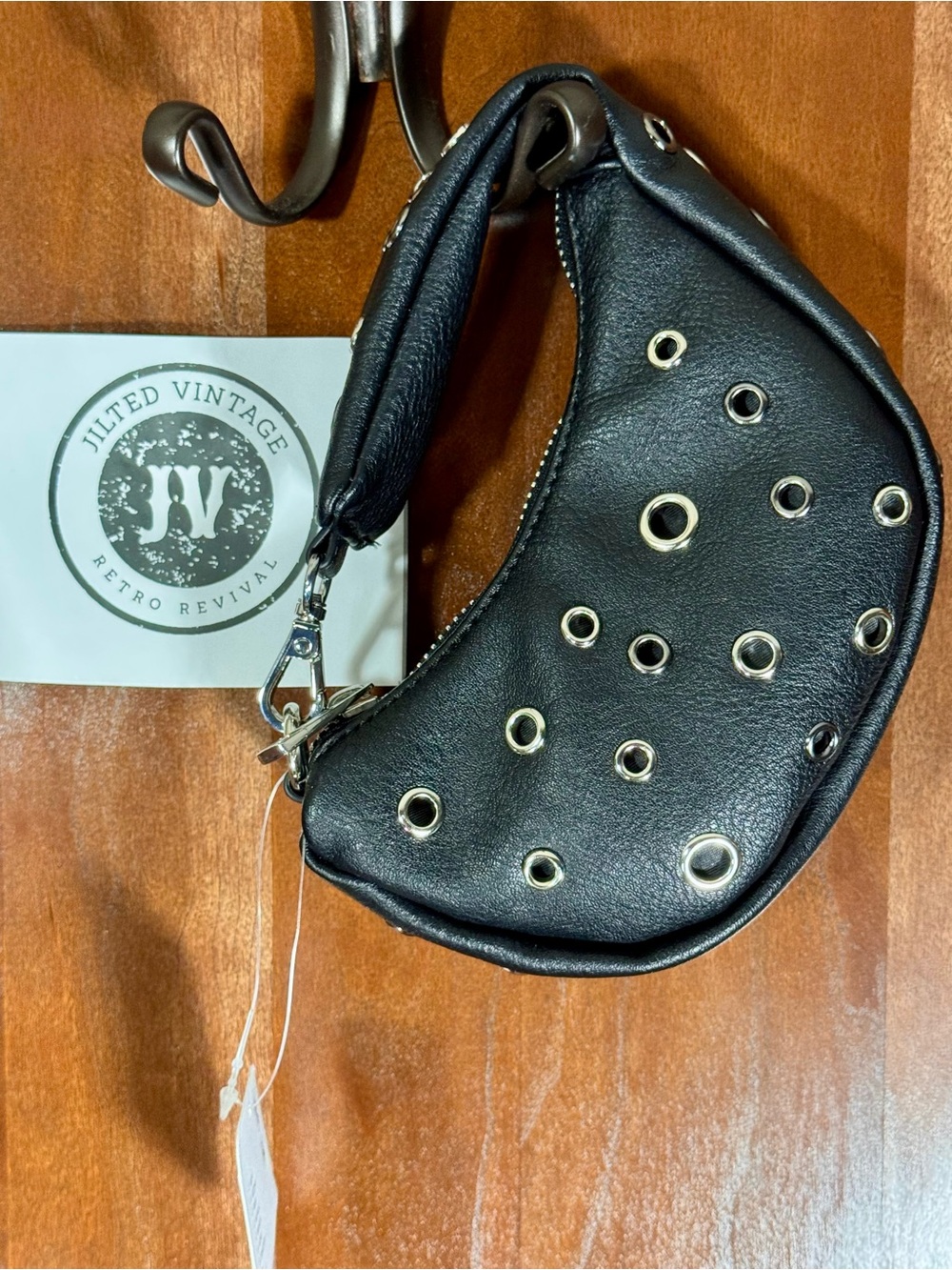 Free People Baby Carryall Crescent Bag Charm Black/Silver Vegan Leather NWT